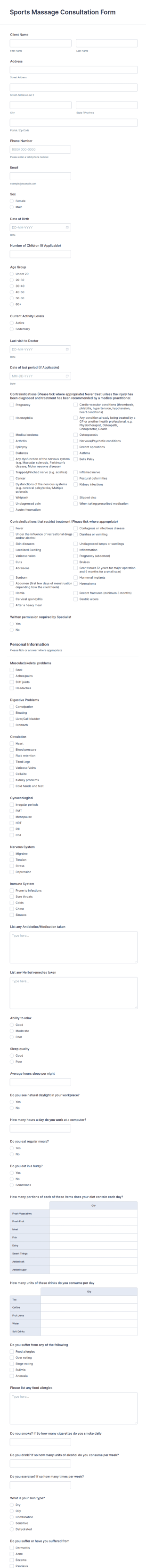 Sports Massage Consultation Form Template