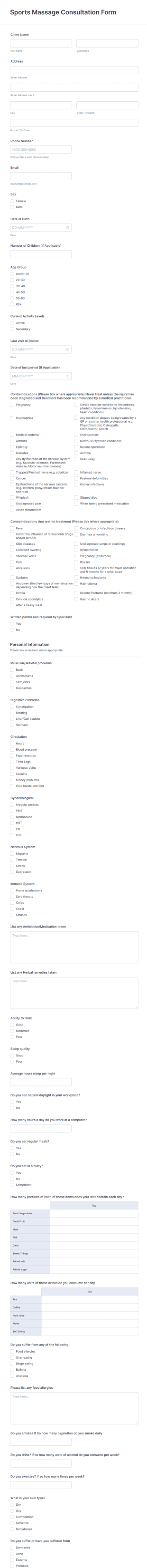 Sports Massage Consultation Form Template
