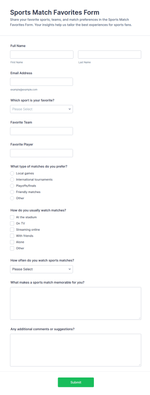 Sports Match Favorites Form Template