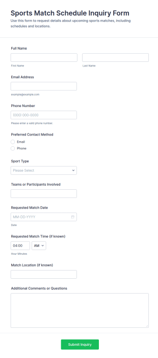 Sports Match Schedule Inquiry Form Template