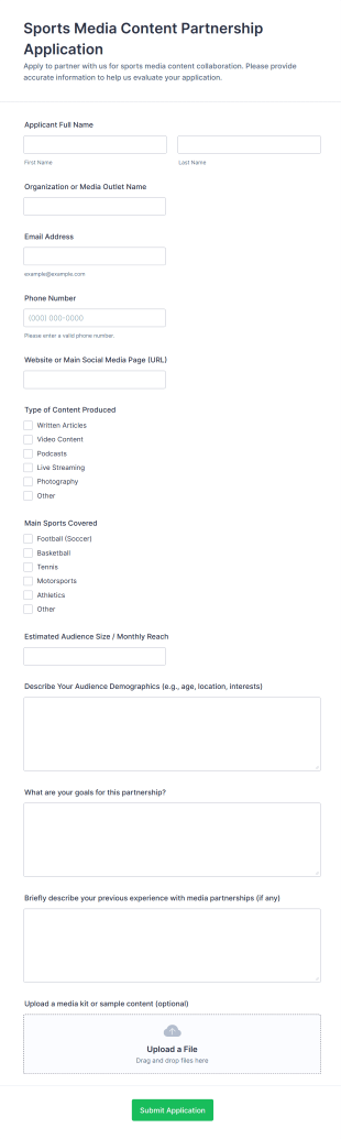 Sports Media Content Partnership Application Form Template
