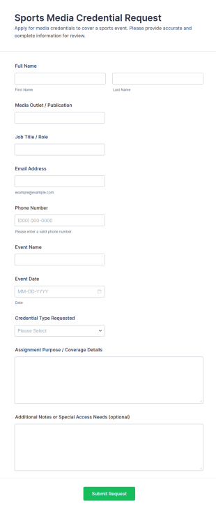 Sports Media Credential Request Form Template