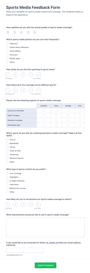 Sports Media Feedback Form Template