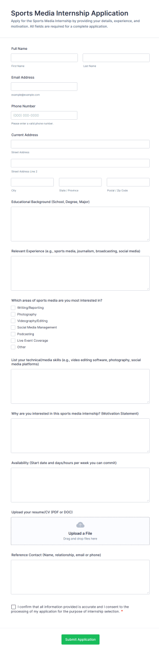 Sports Media Internship Application Form Template
