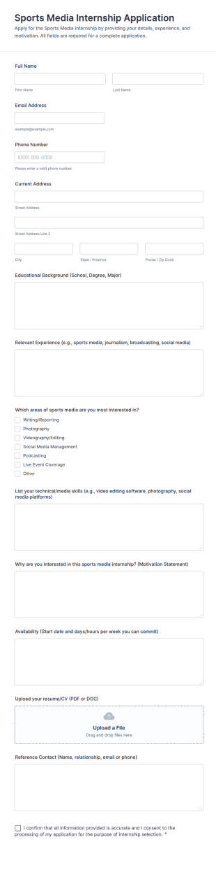 Sports Media Internship Application Form Template