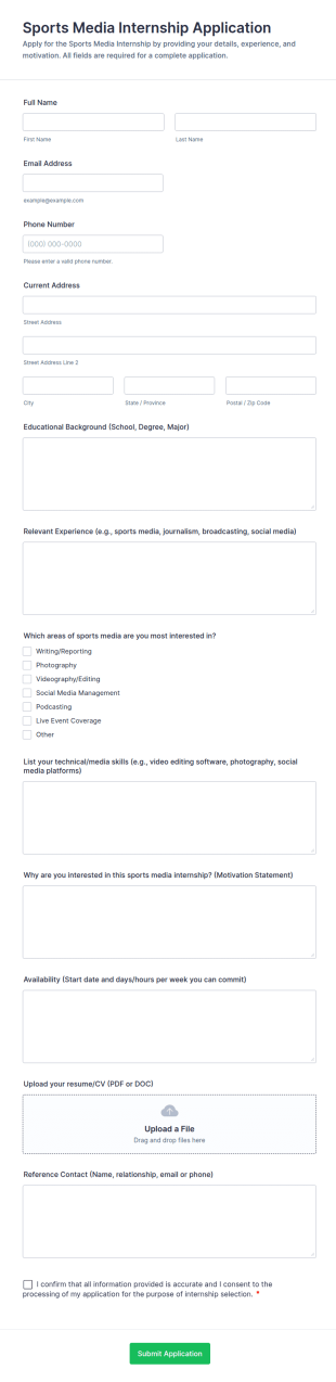 Sports Media Internship Application Form Template