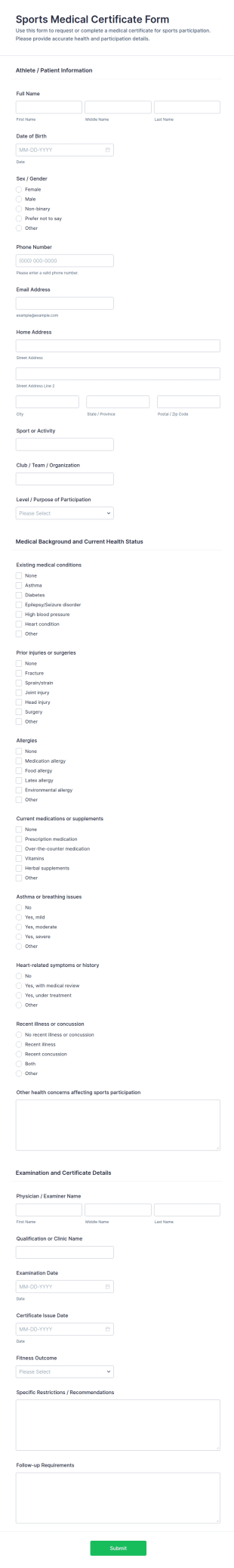 Sports Medical Certificate Form Template