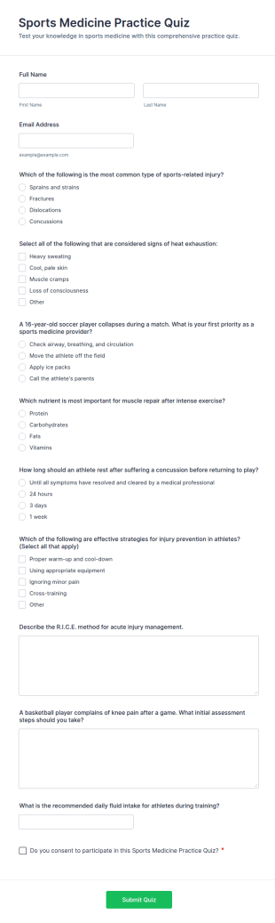 Sports Medicine Practice Quiz Form Template