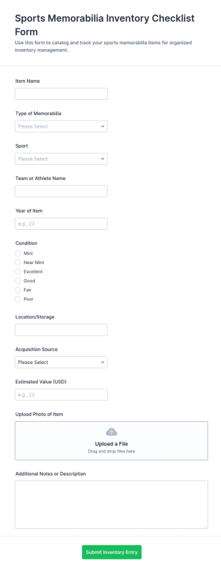 Sports Memorabilia Inventory Checklist Form Template