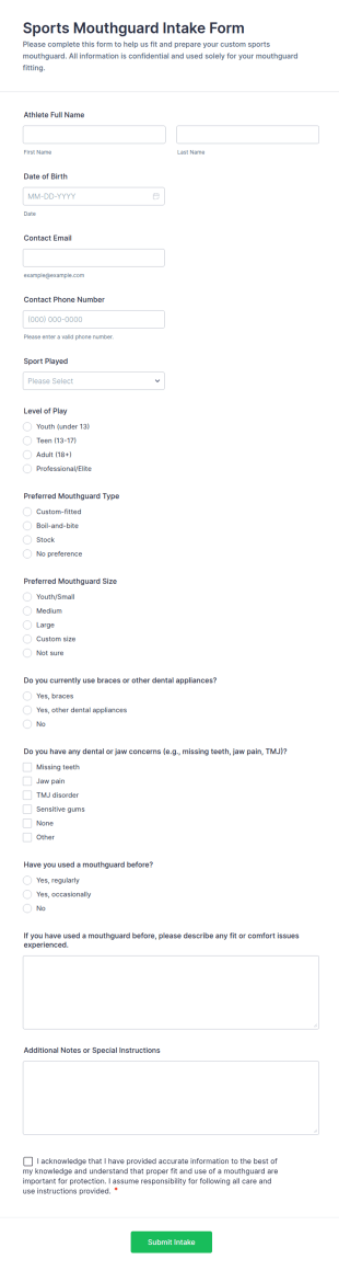 Sports Mouthguard Intake Form Template