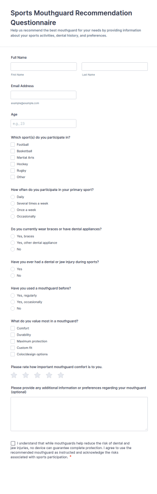 Sports Mouthguard Recommendation Questionnaire Form Template