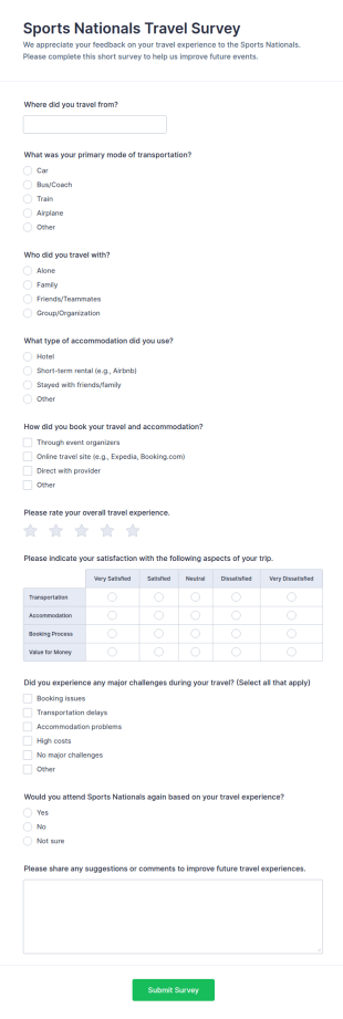 Sports Nationals Travel Survey Form Template