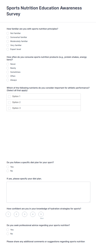 Sports Nutrition Education Awareness Survey Form Template