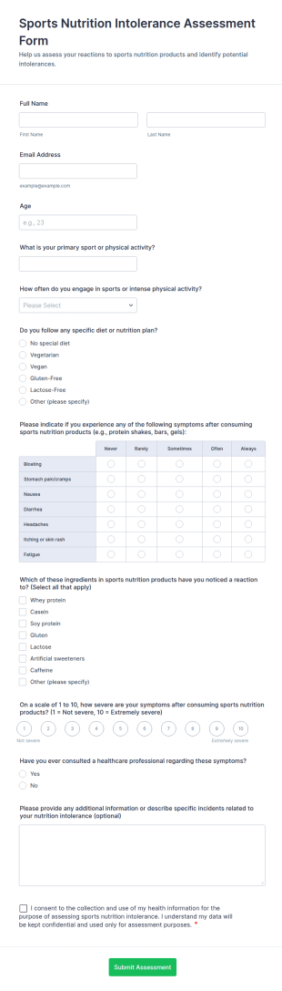 Sports Nutrition Intolerance Assessment Form Template