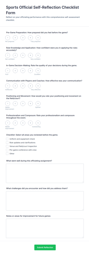 Sports Official Self Reflection Checklist Form Template