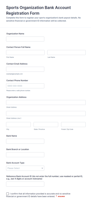 Sports Organization Bank Account Registration Form Template