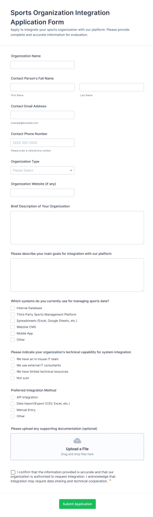 Sports Organization Integration Application Form Template