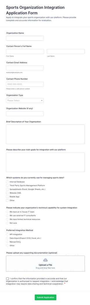 Sports Organization Integration Application Form Template
