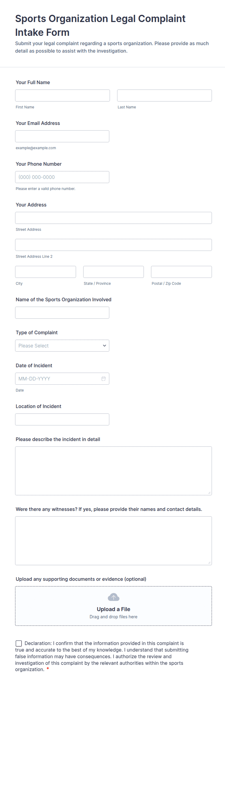 Sports Organization Legal Complaint Intake Form Template | Jotform