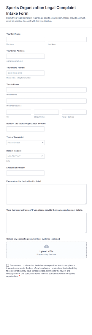 Sports Organization Legal Complaint Intake Form Template