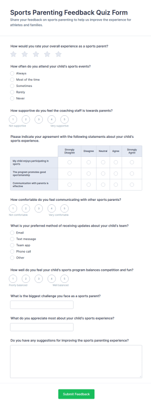 Sports Parenting Feedback Quiz Form Template
