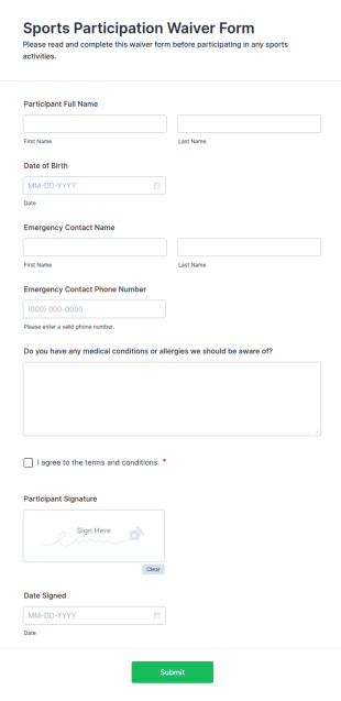 Sports Participation Waiver Form Template