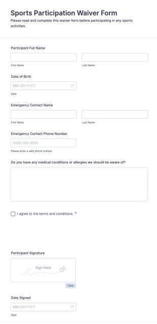 Sports Participation Waiver Form Template