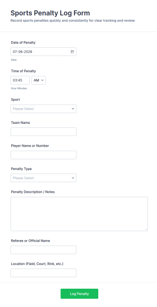 Sports Penalty Log Form Template