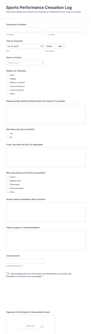 Sports Performance Cessation Log Form Template