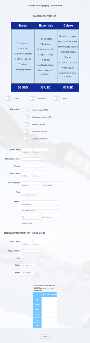 Sports Photography Order Form Template
