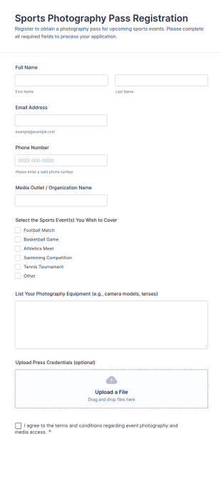 Sports Photography Pass Registration Form Template