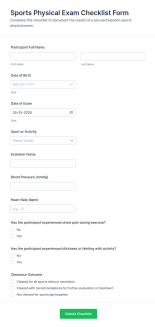 Sports Physical Exam Checklist Form Template