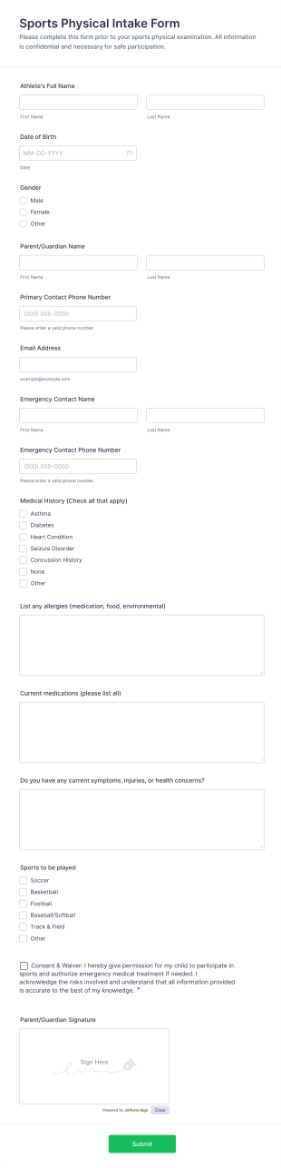 Sports Physical Intake Form Template