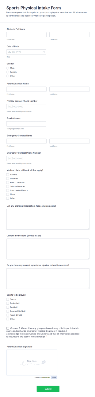 Sports Physical Intake Form Template