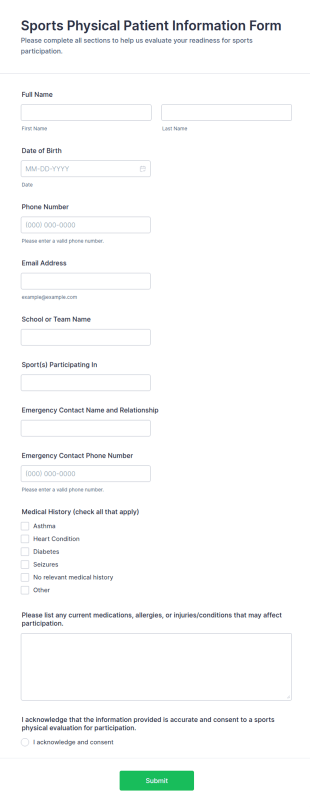 Sports Physical Patient Information Form Template