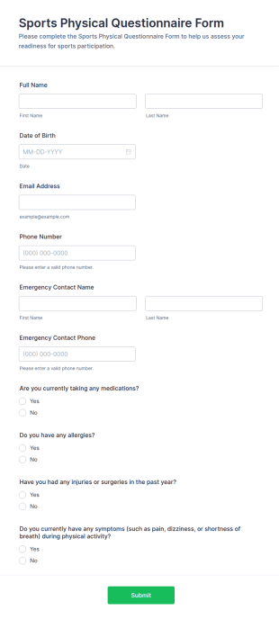 Sports Physical Questionnaire Form Template