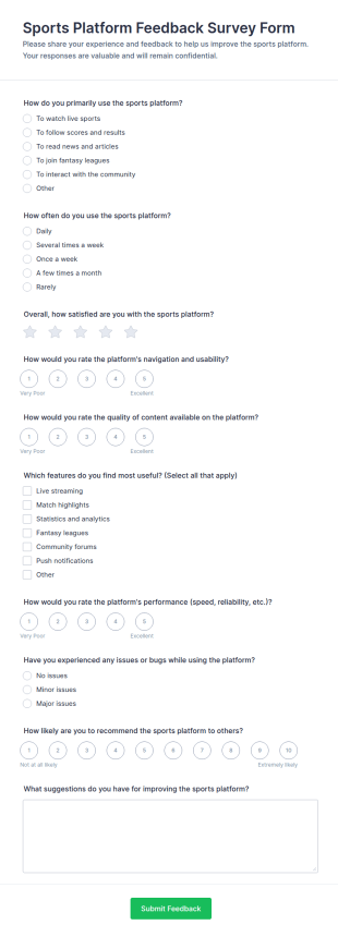 Sports Platform Feedback Survey Form Template