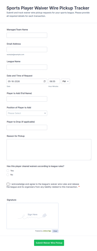 Sports Player Waiver Wire Pickup Tracker Form Template