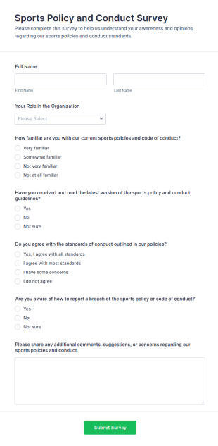 Sports Policy And Conduct Survey Form Template
