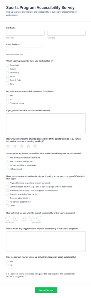 Sports Program Accessibility Survey Form Template