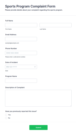 Sports Program Complaint Form Template