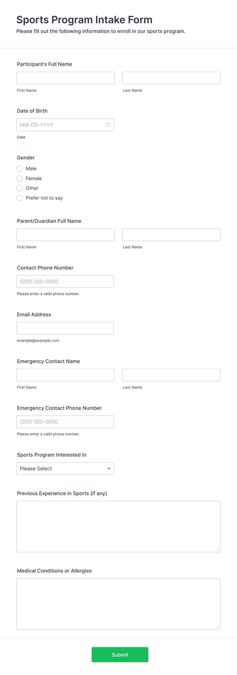 Sports Program Intake Form Template | Jotform