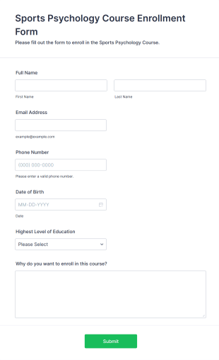 Sports Psychology Course Enrollment Form Template