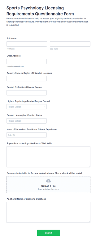 Sports Psychology Licensing Requirements Questionnaire Form Template