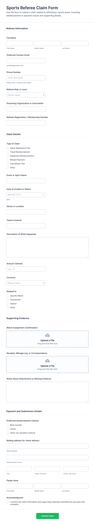 Sports Referee Claim Form Template
