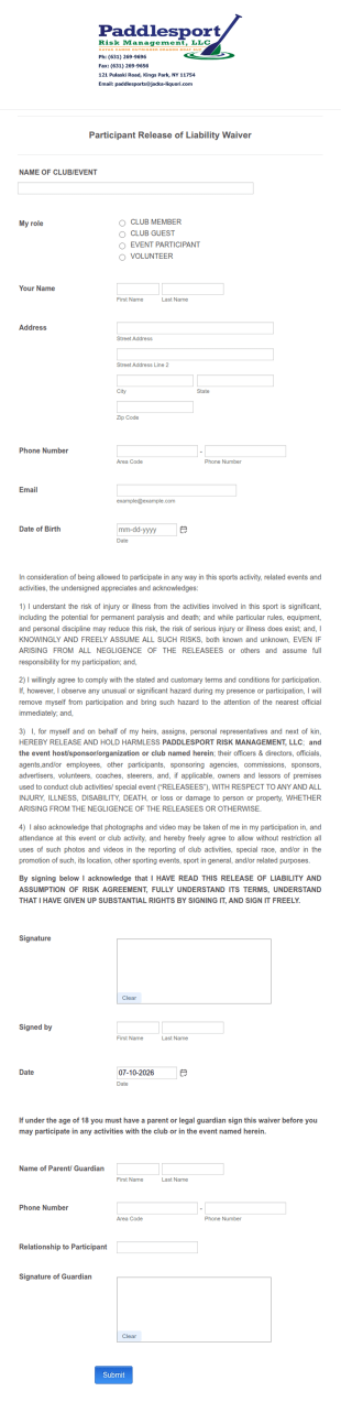Sports Release Of Liability Waiver Form Template