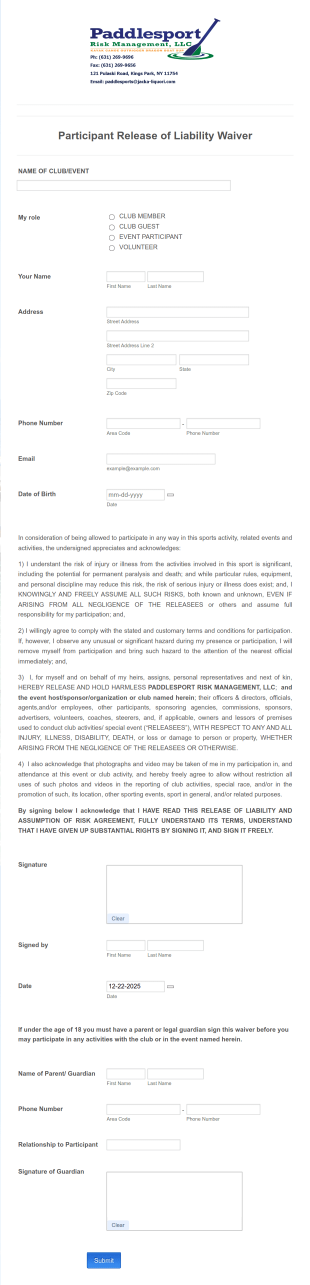 Sports Release Of Liability Waiver Form Template