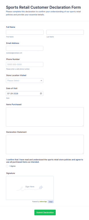 Sports Retail Customer Declaration Form Template