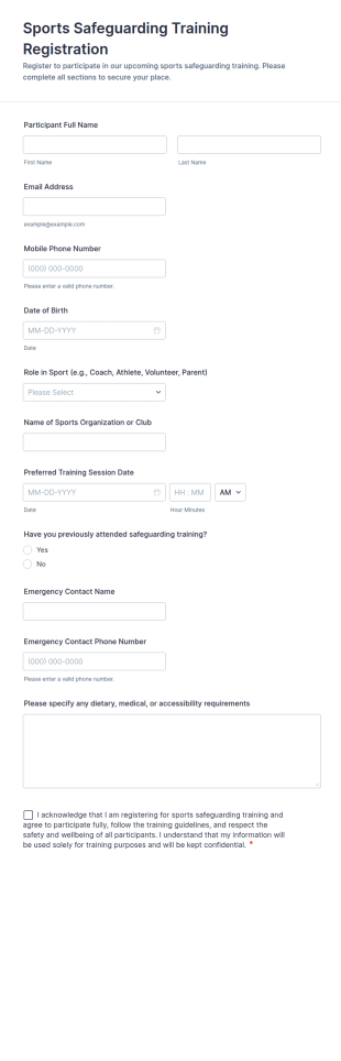 Sports Safeguarding Training Registration Form Template