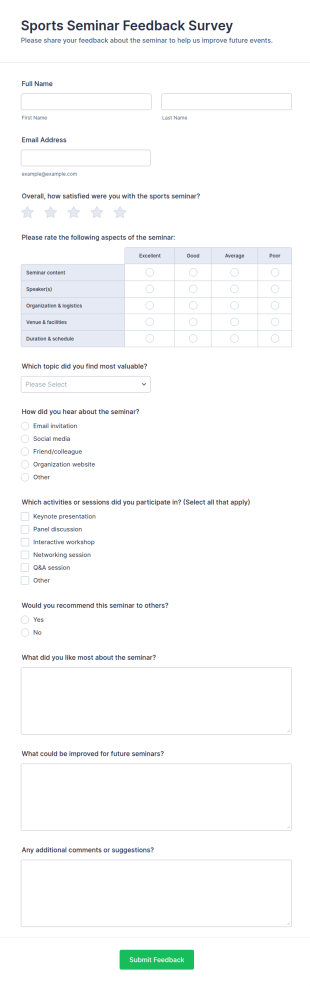 Sports Seminar Feedback Survey Form Template